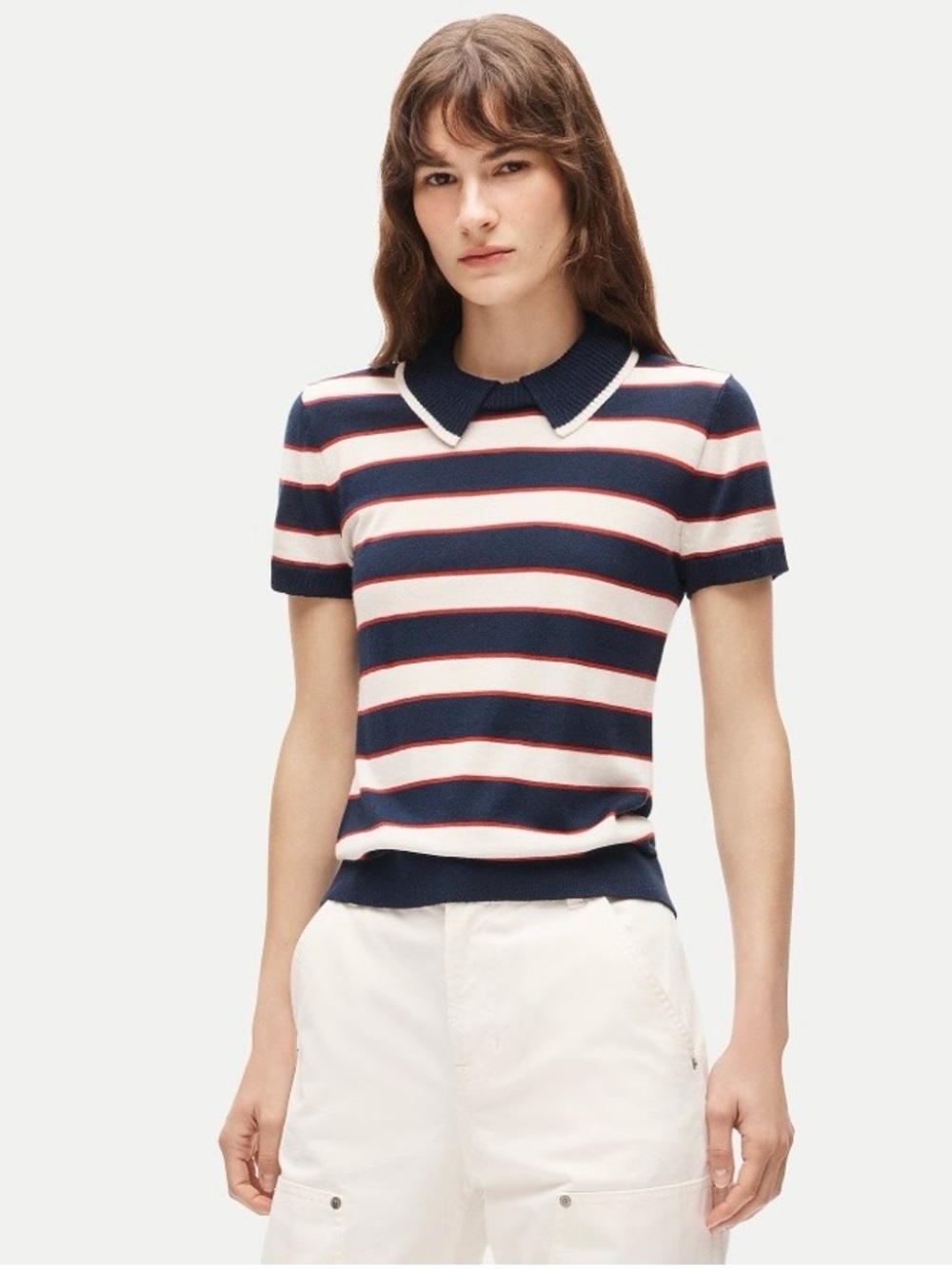 J. Crew Sweater Polo in Striped Merino Wool in Navy Stripe Size L. NWT